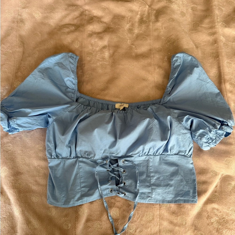 Blue Puff Sleeve Lace-Up Top Cropped